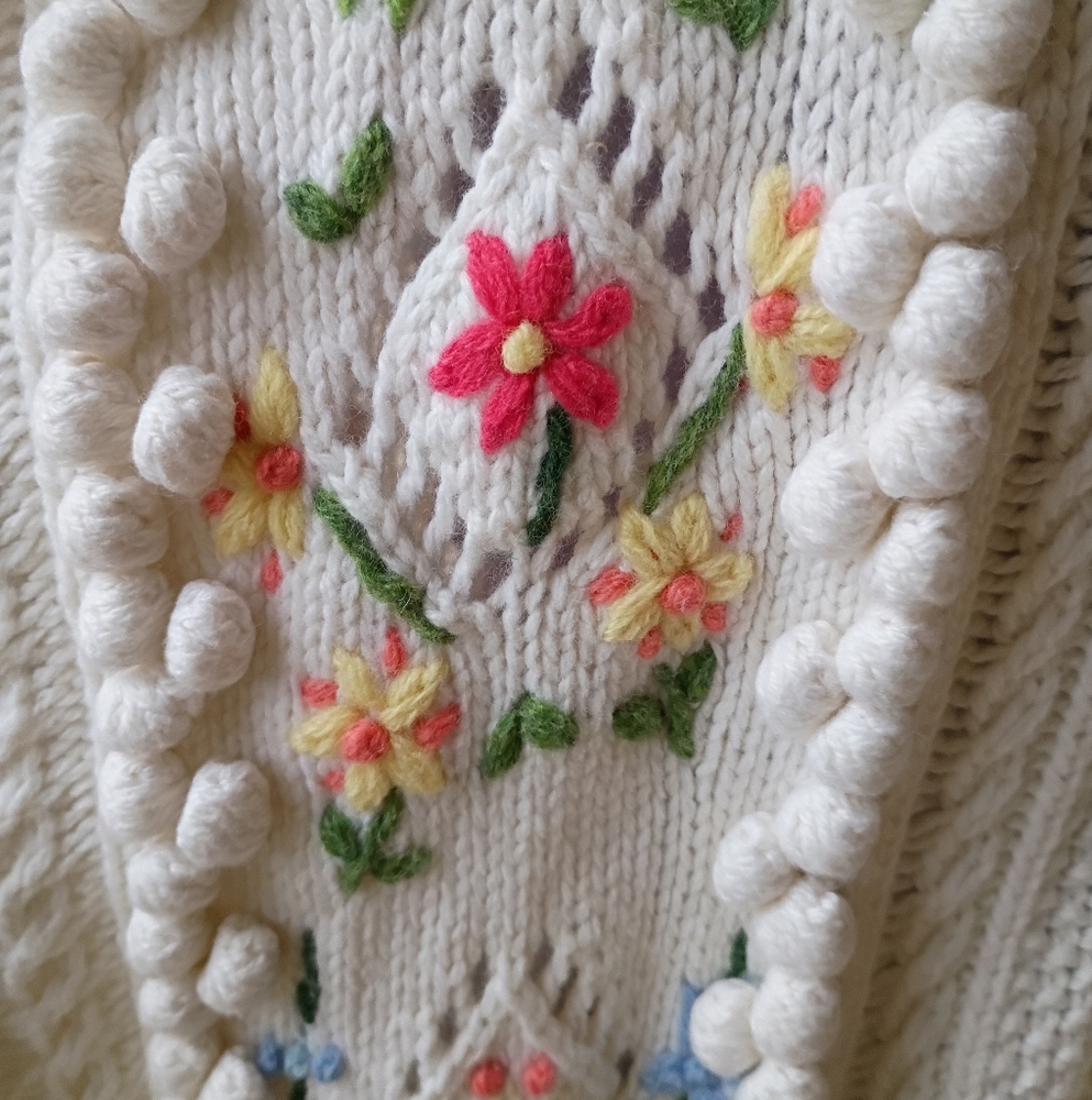 Polo Ralph Lauren Embroidered Floral Chunky Cable Knit Wool Cardigan Sweater - Picture 10 of 16